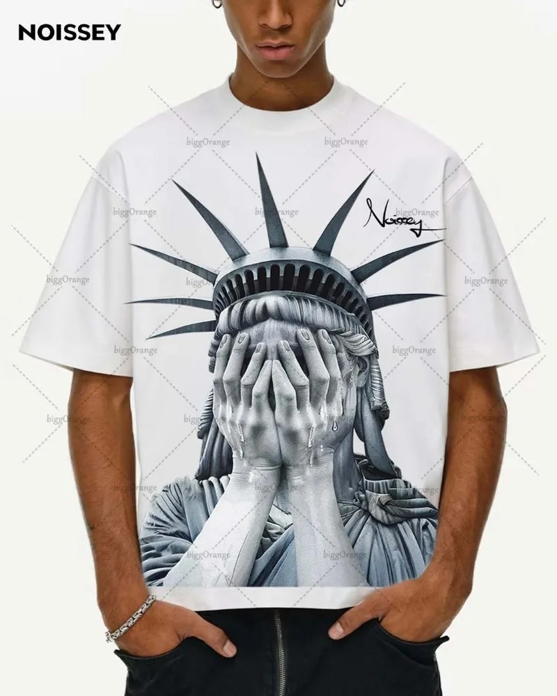 

High street American retro T-shirt Harajuku oversized print design short sleeved hip-hop rock fashionable versatile men shirt