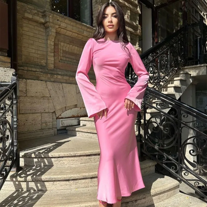 

Talenza Elegant Satin Slim Long Dress Women's Fashion Long Sleeve High Waist Party Dress Solid Color Pullover Sexy Long Dress