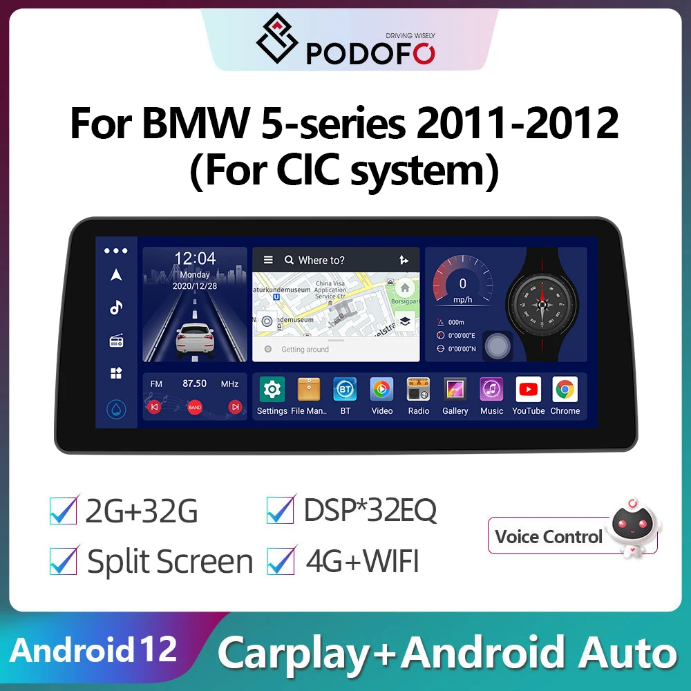 

Podofo 12.3″ Android Car Radio Multimidia Video Player For BMW 5-series 2011-2012 For CIC system Carplay Auto Stereo AI Voice