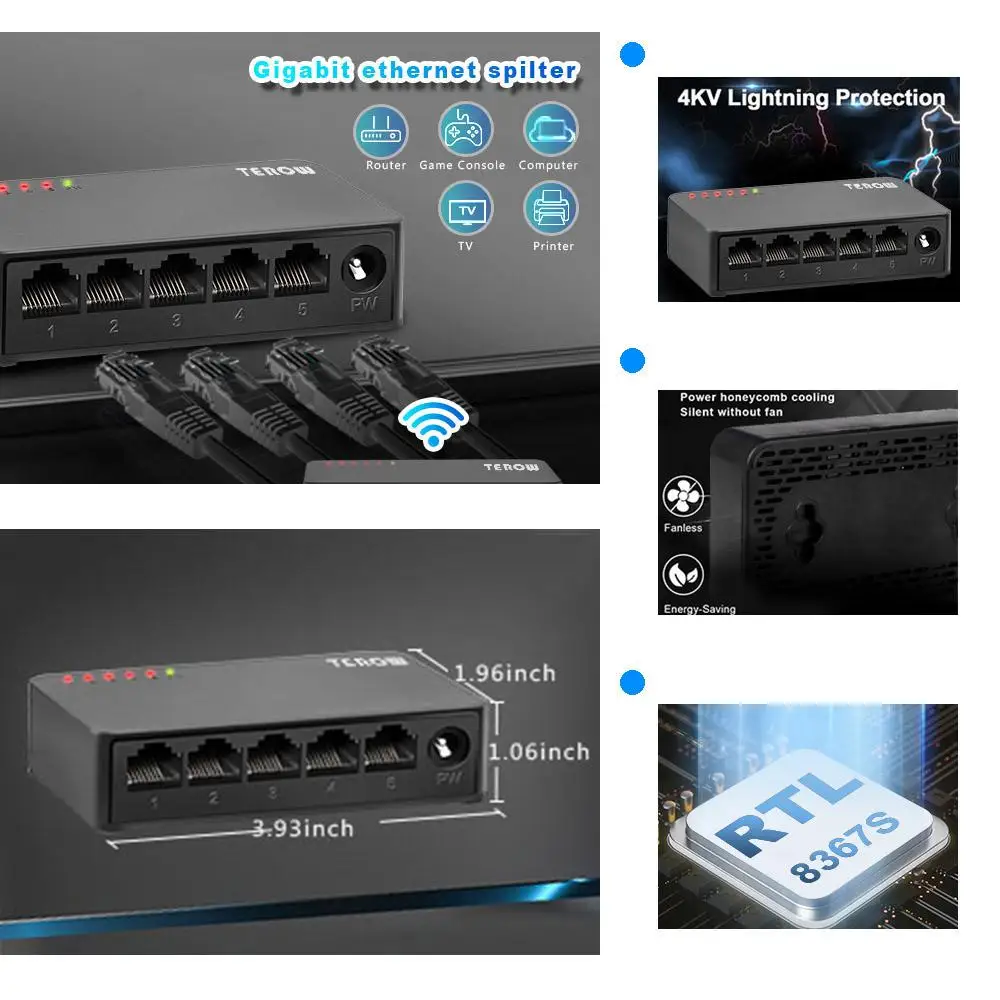 TEROW Gigabit Switch 5 Port 100Mbps or 1000Mbps Network 802.3AT/AF Ethernet RJ45 for IP camera/Wireless AP/Security Surveillance