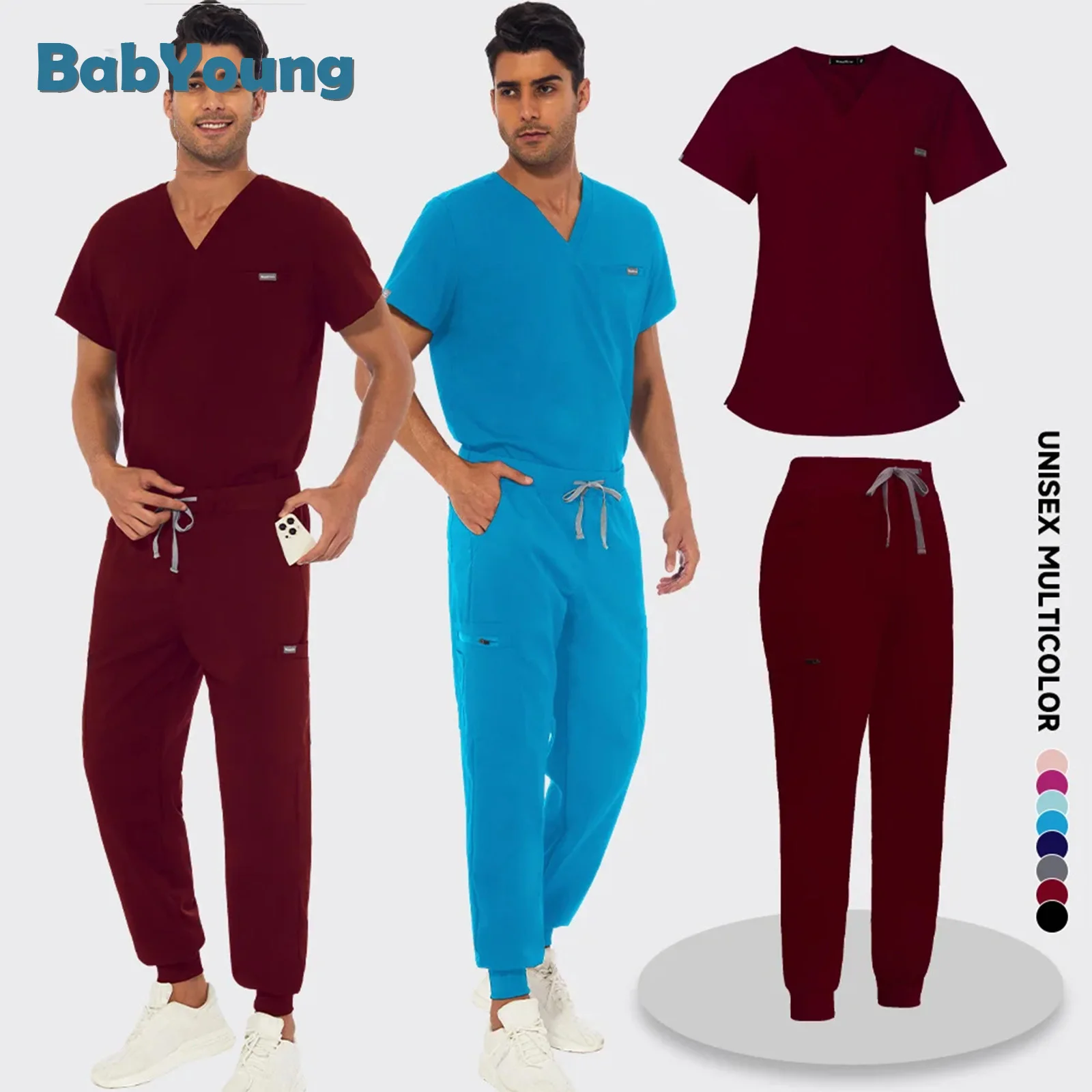 Nurse Men Medical Uniform Short Sleeve Working Blouse Tops Workwear Nursing Women Scrubs Pants Elastic