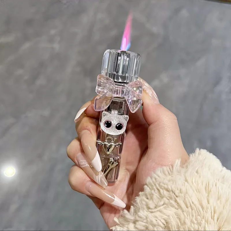 

High Appearance Cute Diamond Rotating Dice Windproof Lighter New Outdoor Direct Spray Pink Flame Cat Portable Lighter Girl Gift