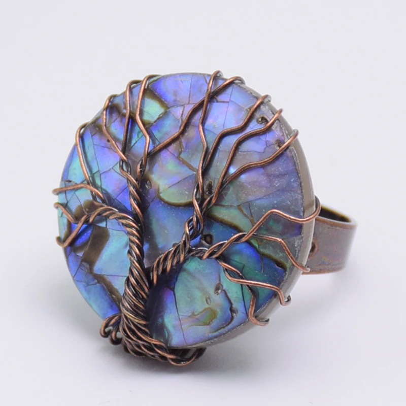 Vintage Natural Abalone Shell Tree of Life Finger Ring Antique Copper Wire Wrap Resizable Female Women Fashion Jewelry