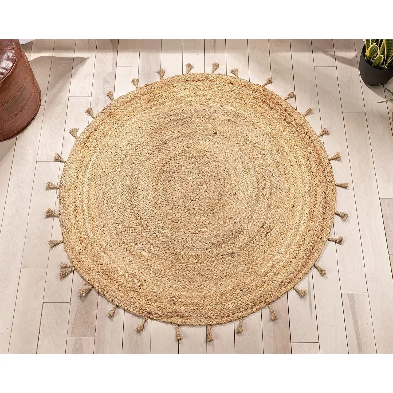 

Rug Jute Round Carpet Turquoise Tussle Design Area Floor Mat Living Room Rug