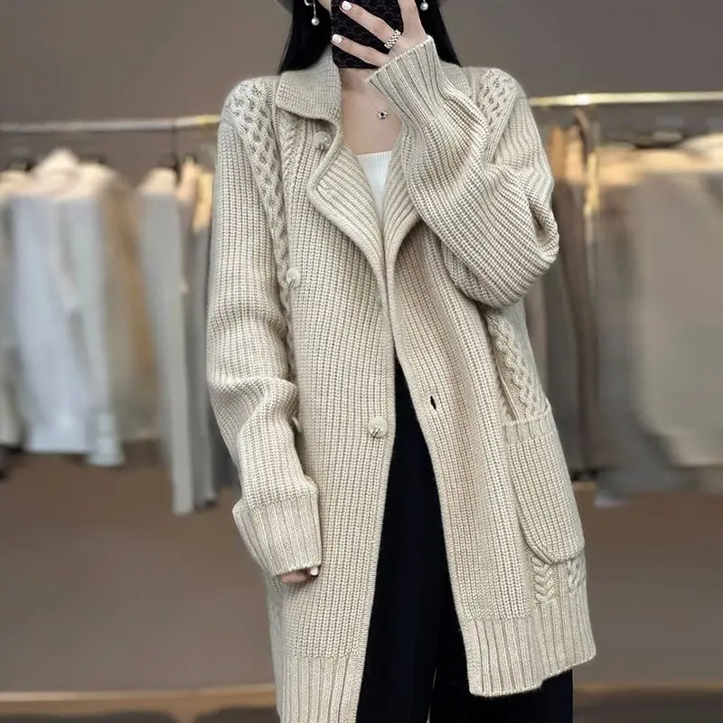 Autumn Winter Solid Color Tailored Colla Long Sleeve Fashion Sweater Women High Street Loose Button Cardigan Jacquard Weave Tops