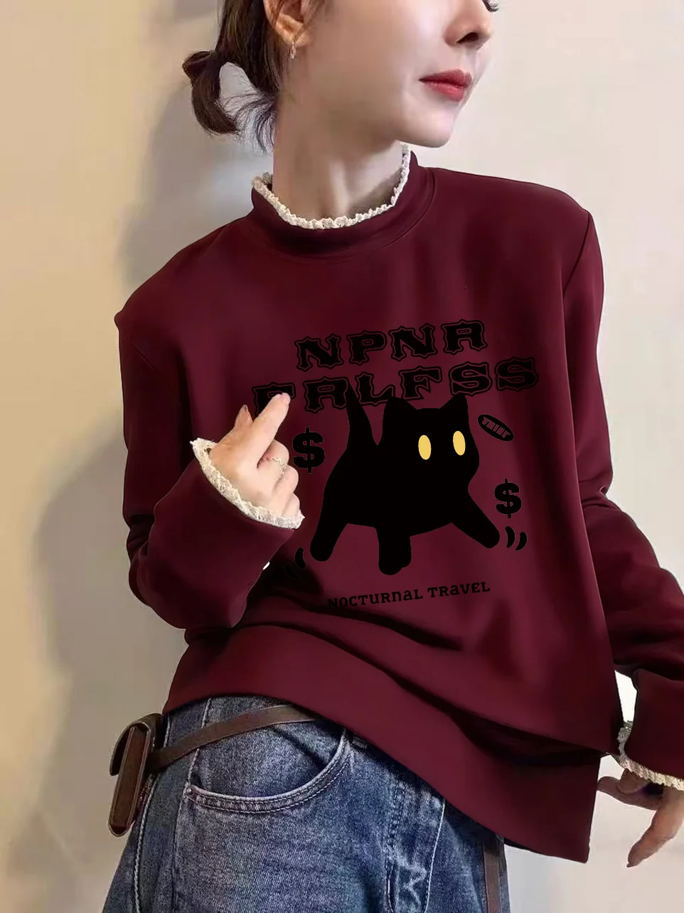 

Женская теплая базовая футболка с длинным рукавом из утолщенного бархата с кружевом, красная, праздничная, в корейском стиле, для повседневной носки, коллекция 2026 года