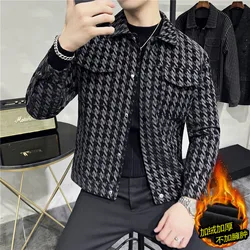 2022 Winter Houndstooth Leather Jackets Men Thicken Warm Turn Down Collar Motorcycle Jacket Casual Slim Fit PU Coat Men Clothing