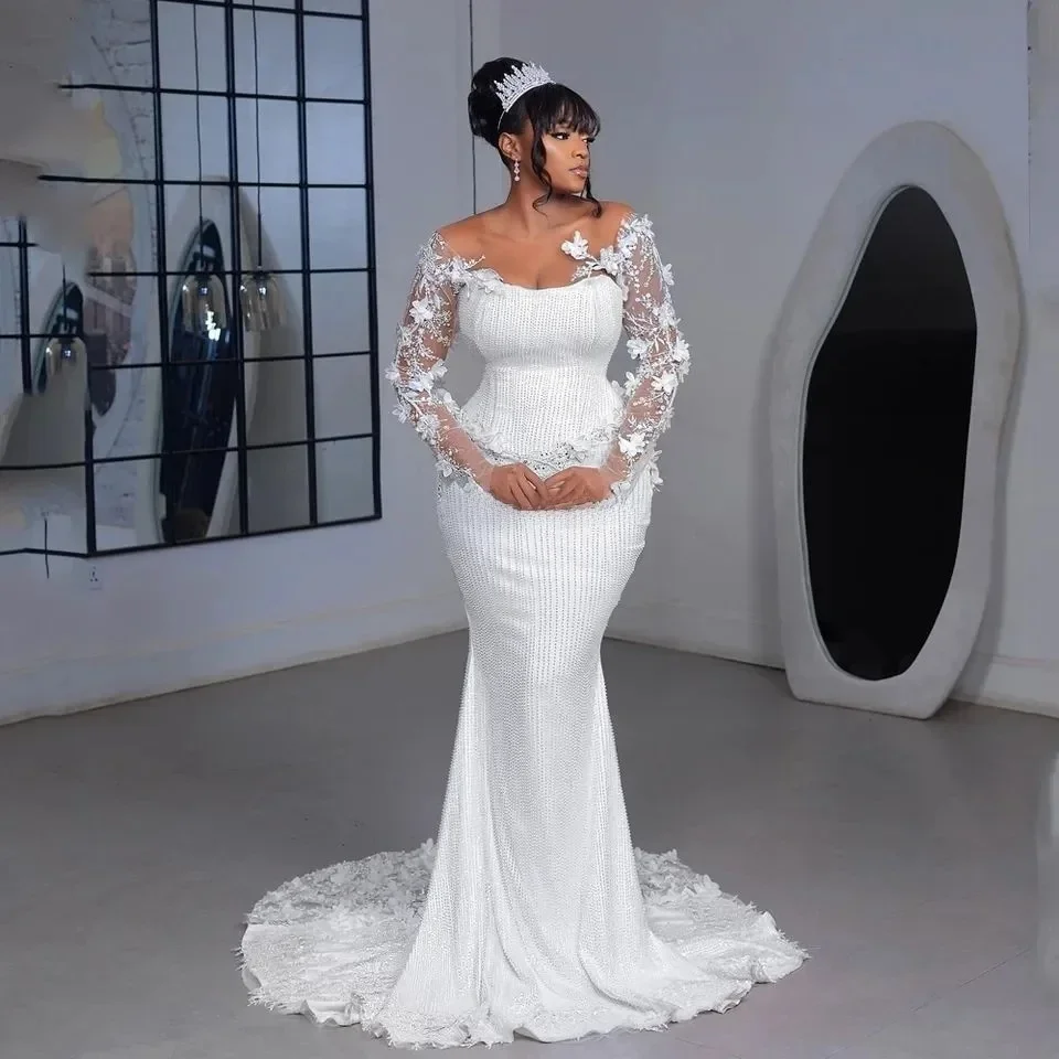 Customized Sheer Neck  Shinny Heavy Beads Plus Size Wedding Dress Vestido  Full Sleeves Handmade 3 D Flowers  Bridal Gowns