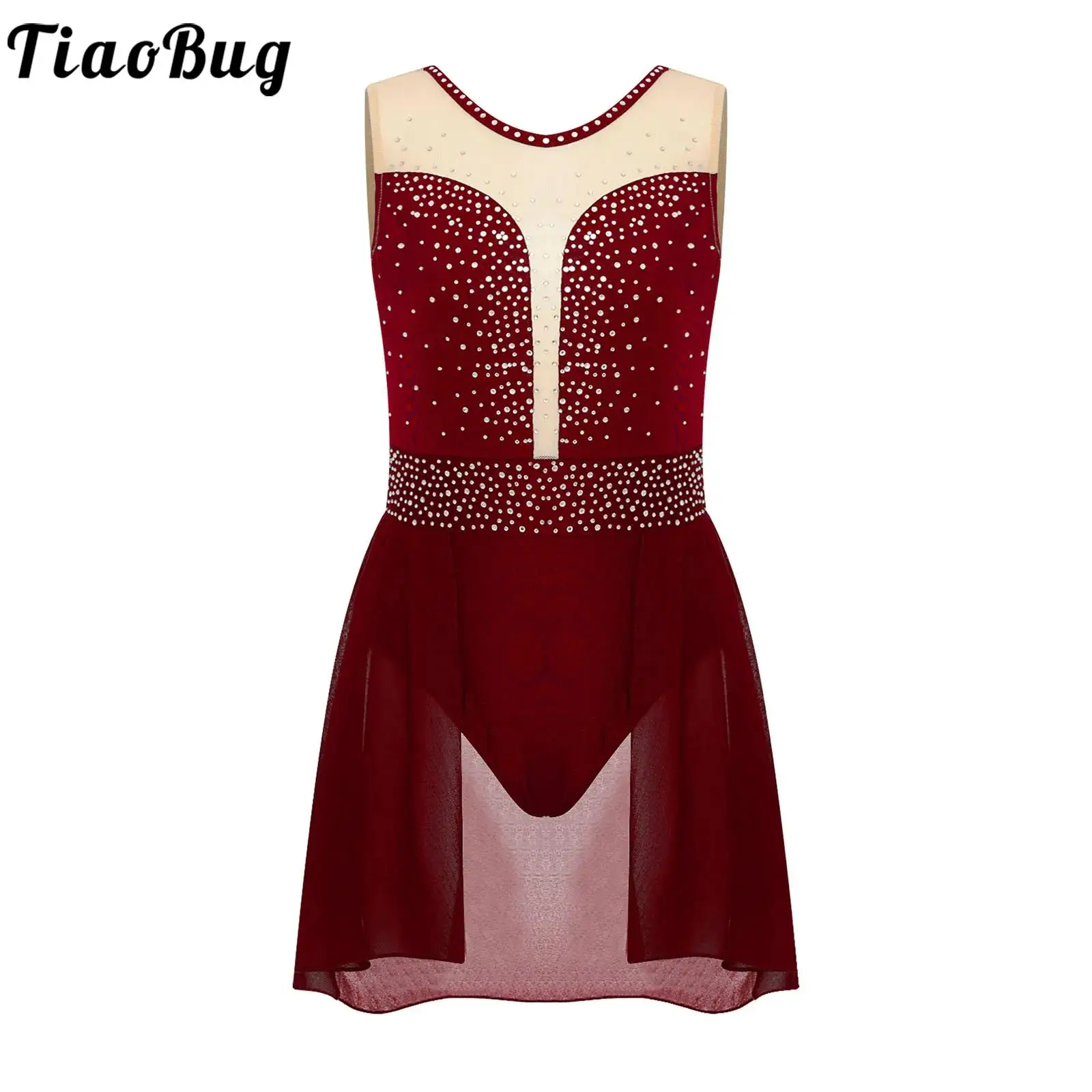 

Kids Girls Figure Skating Dress Sleeveless Rhinestones Leotards Ballet Lyrical Modern Dance Dress Performance Pageant Costume