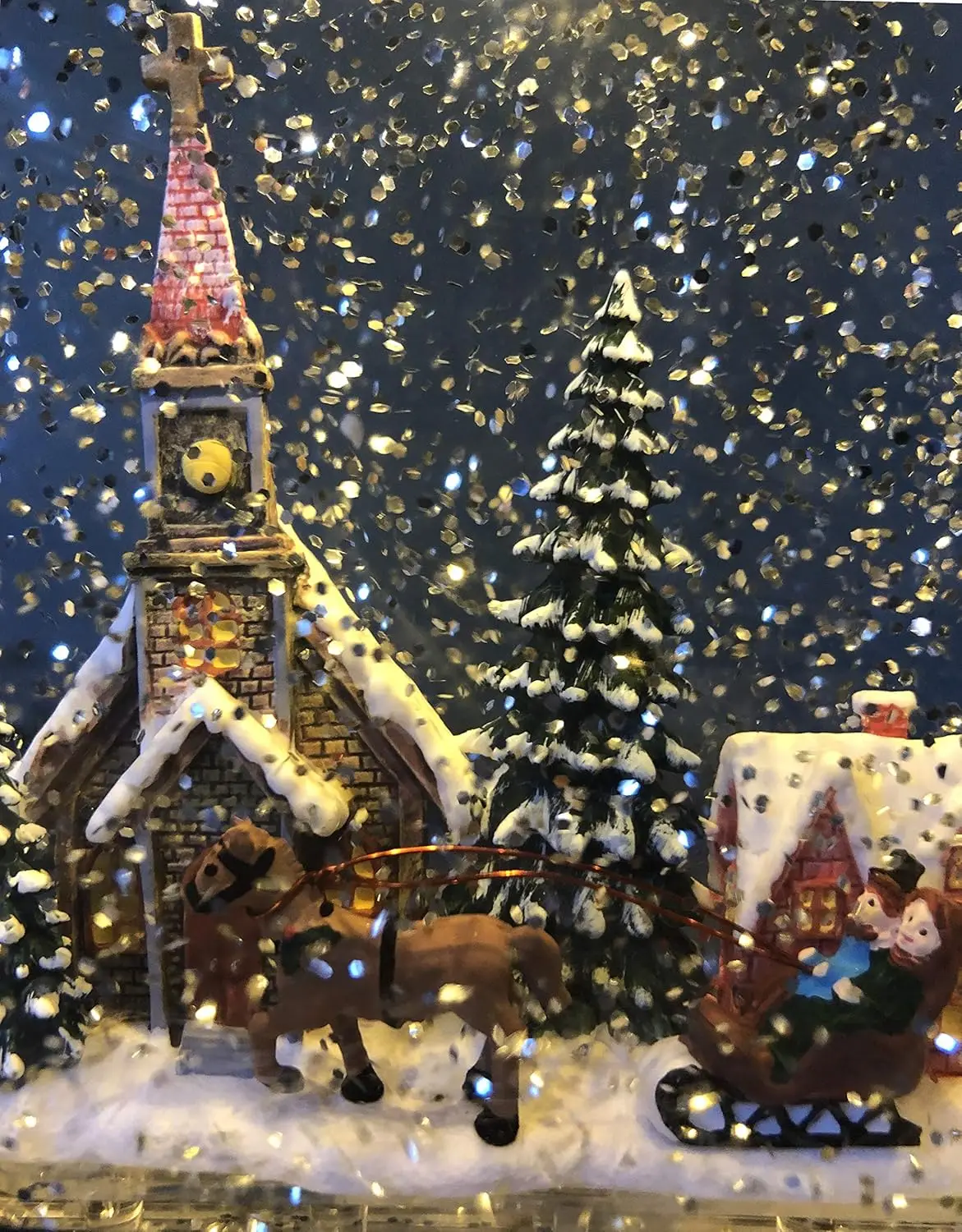 Estatuilla de linterna de agua iluminada musical negra, decoración de escena de ciudad de 11 pulgadas con melodía