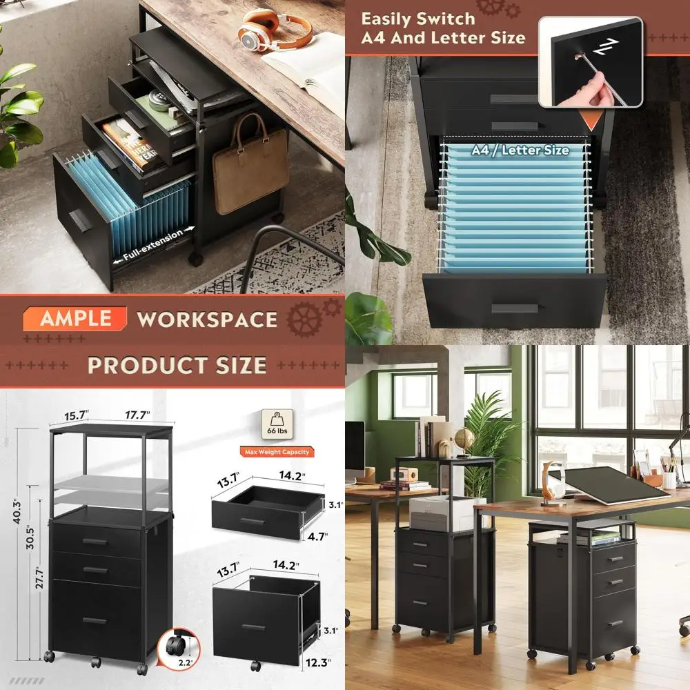 

Mobile Wooden 3-Drawer File Cabinet with Adjustable Shelves for Home Office, Black, Dimensions: 15.7 D x 17.7 W x 40.3 H