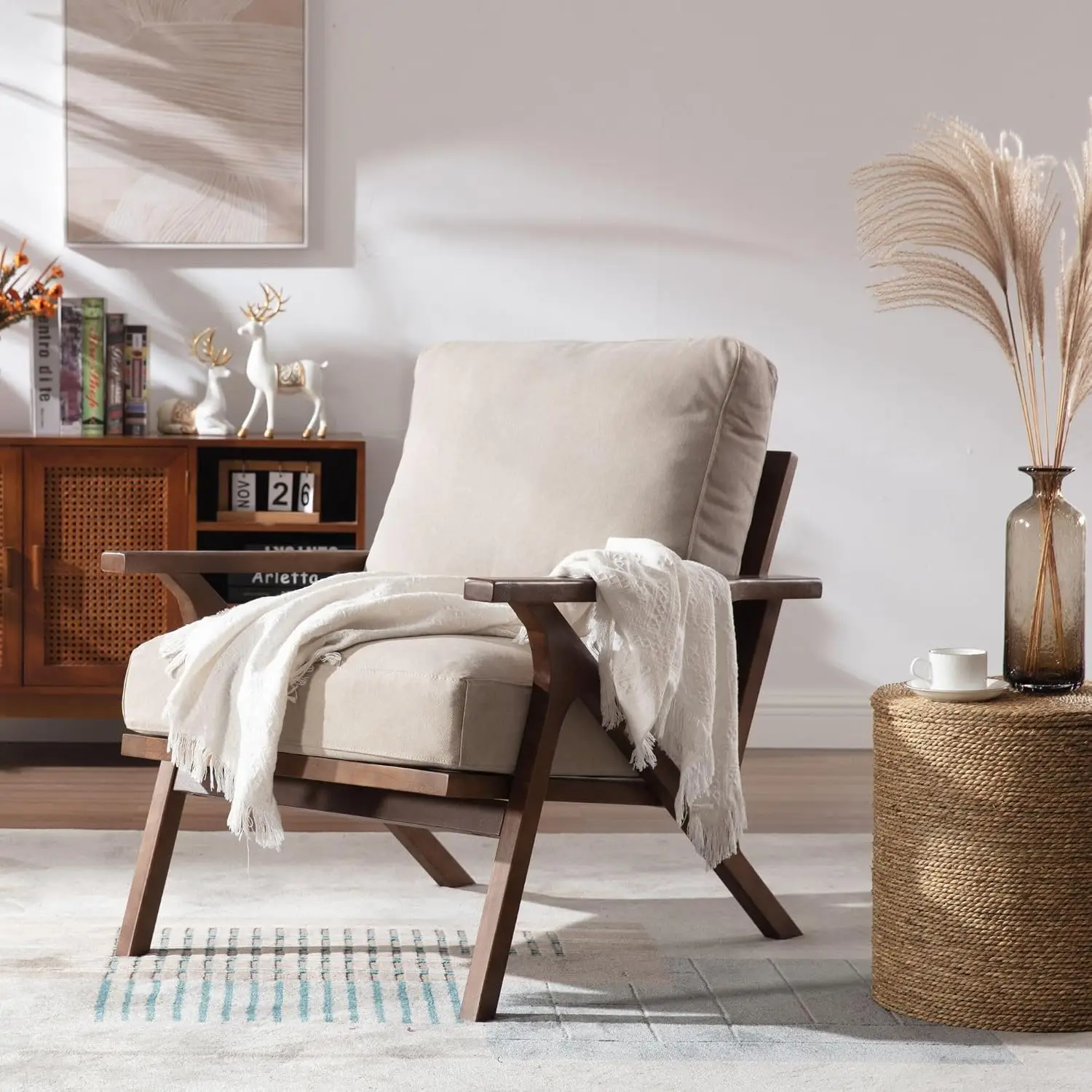 Mid Century Armchair with Wood Frame & Canvas Cushions, Leisure Slipper Chair for Living Room Bedroom, Customized