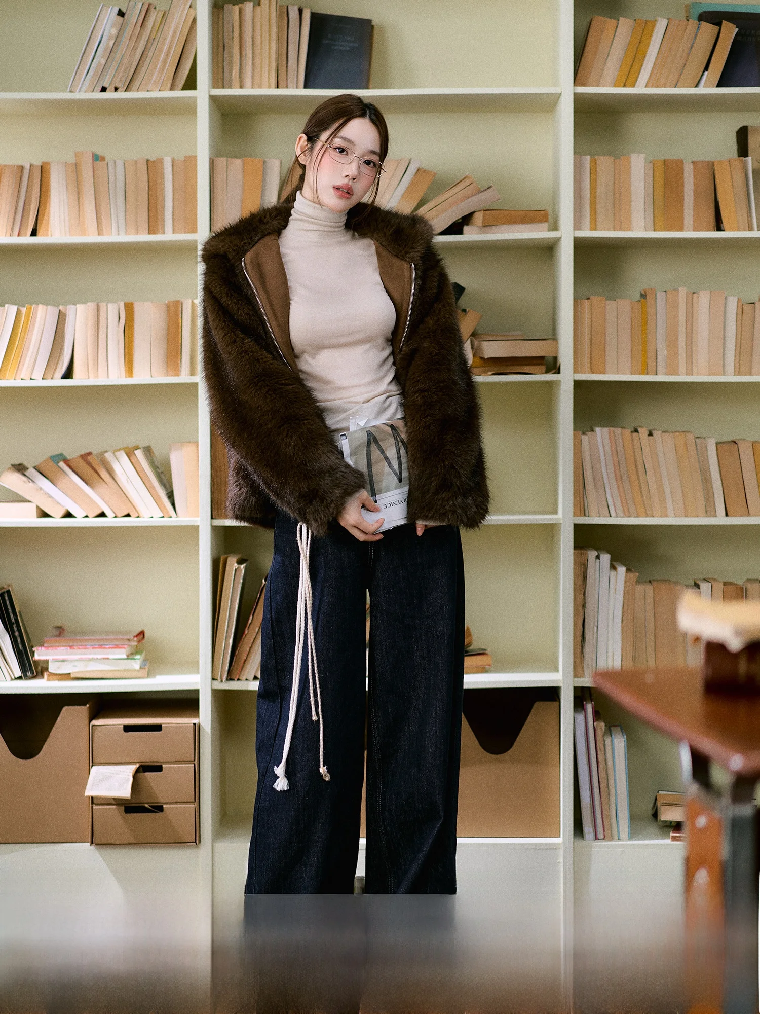 LaluneDuCiel Women's Casual Hooded Faux Fur Coat Warmth All-Match  Color Eco-friendly Leather for Winter