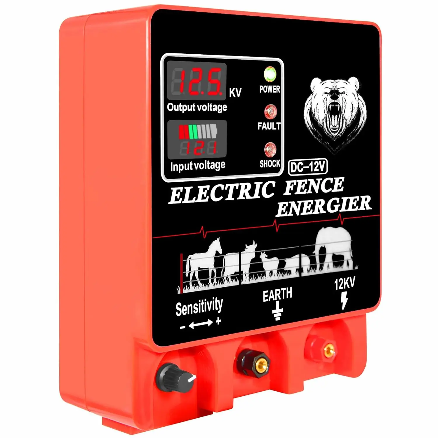 9 Joules Electric Fence Charger LCD Display AC 12V Input/12KV Output 400 Acres Coverage Waterproof Alarm for Direct Fence