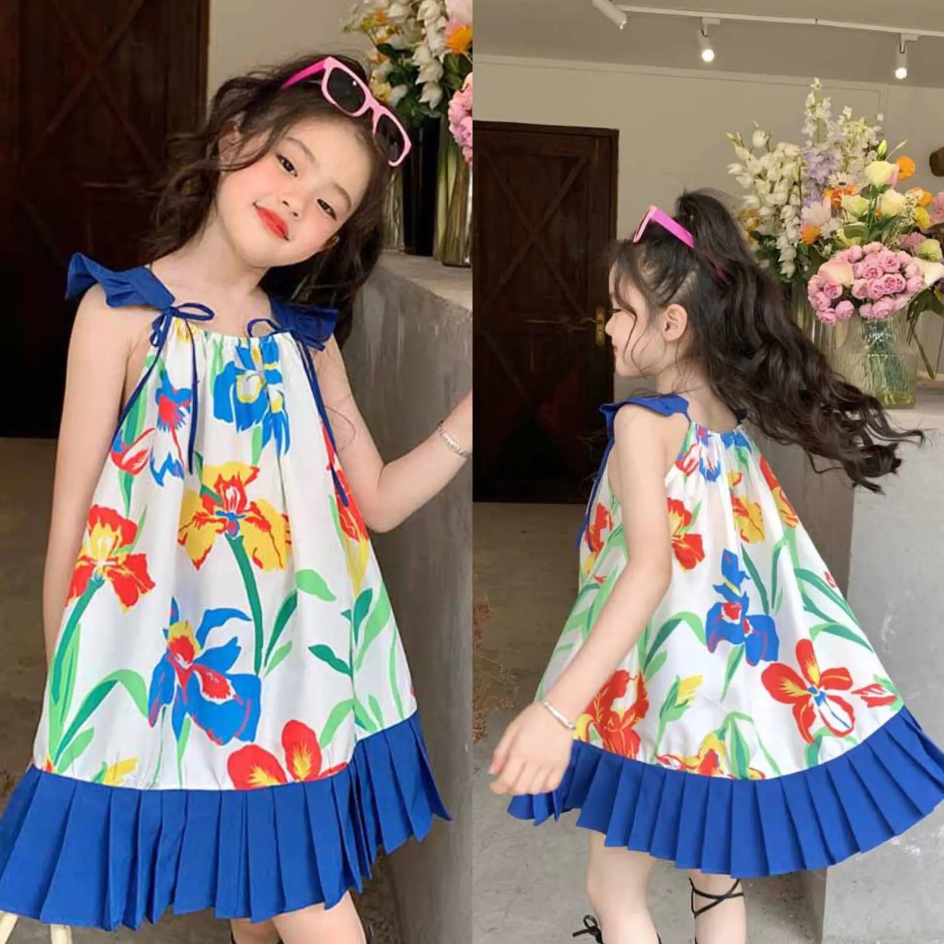 

Girls' Suspended Dress Summer New Holiday Contrast Color Dress Little Girls' Pleated Dress Baby Kids Outfit Dresses For Girls