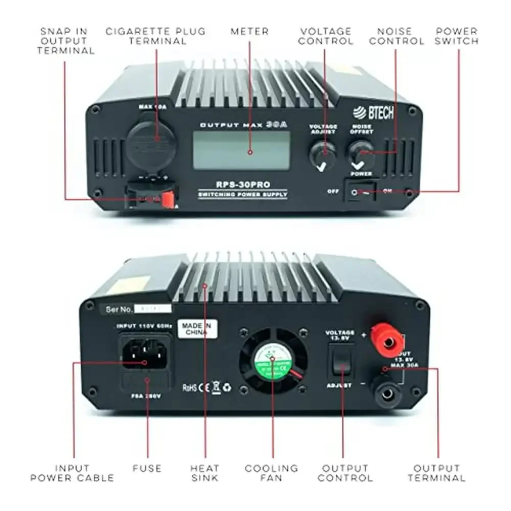 کومپیکٹ 30A یونیورسل بینچ پاور سپلائی AC-DC کنورٹر 13.8V 9-15VDC ایڈجسٹ ایبل ٹو وے ریڈیوز ہیم GMRS LMR سکینر شور