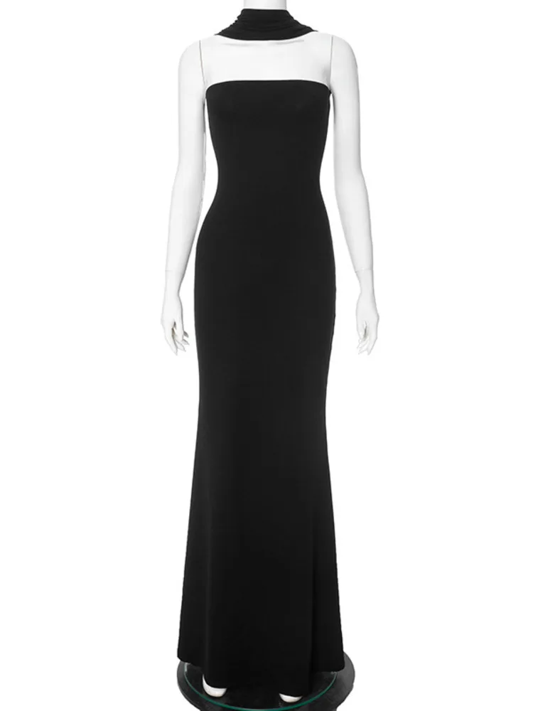 Articat 2024 verão novo elegante vestido sem mangas feminino pendurado pescoço fino fishtail vestido longo bodycon sem costas festa vestido de noite