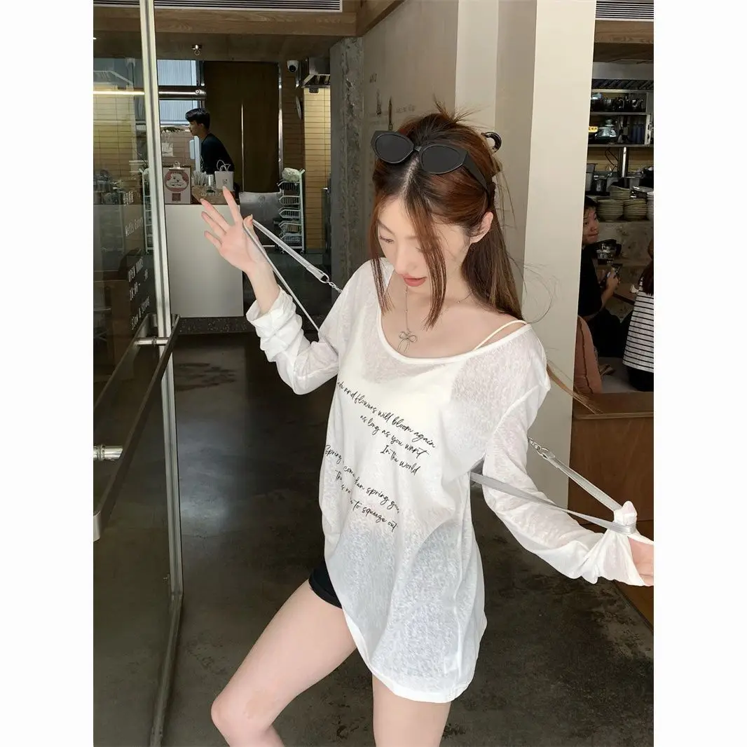 Lazy Style Letter Print Off-shoulder Long-sleeved T-shirt Women's Summer Loose Casual Thin Sunscreen Top