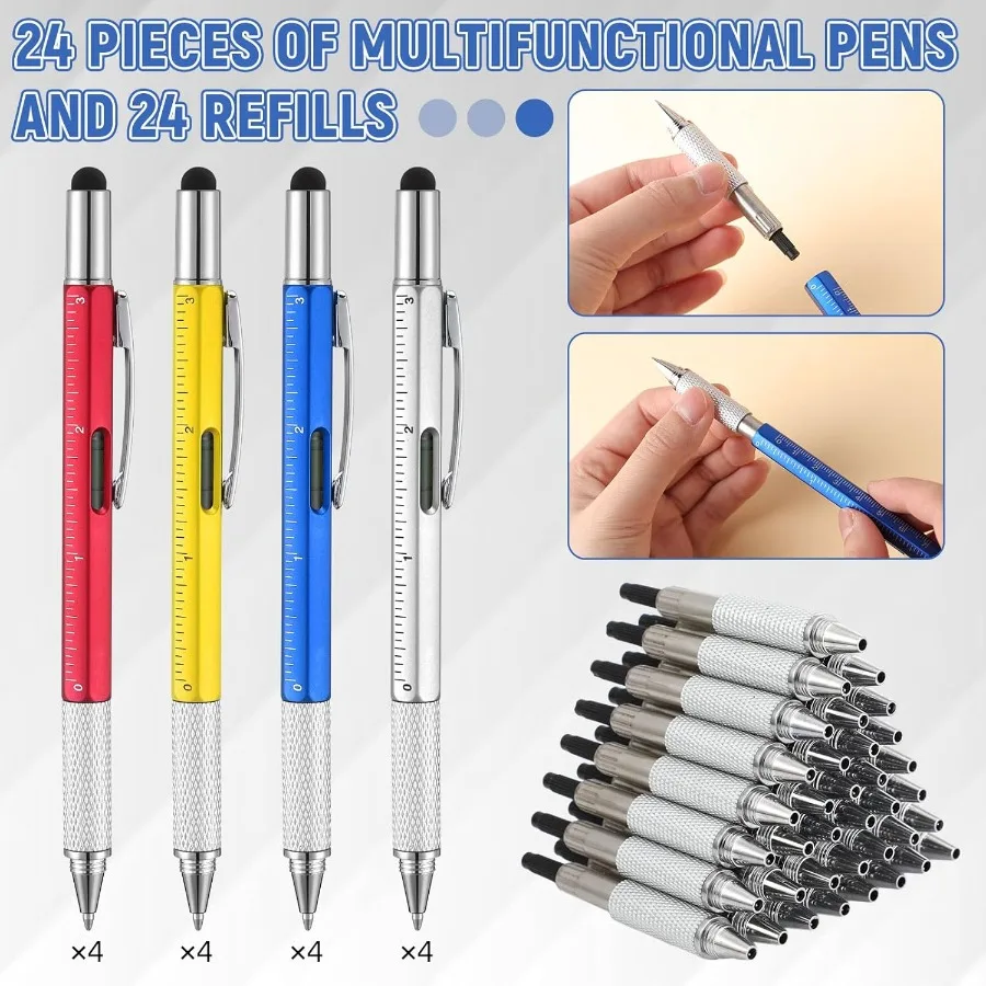 Yeaqee 24 Pcs Multi Tool Pens for Men 6 in 1 Screwdriver Multi Function Pen with Refills Ruler Level Gauge Ballpoint Pen for Da