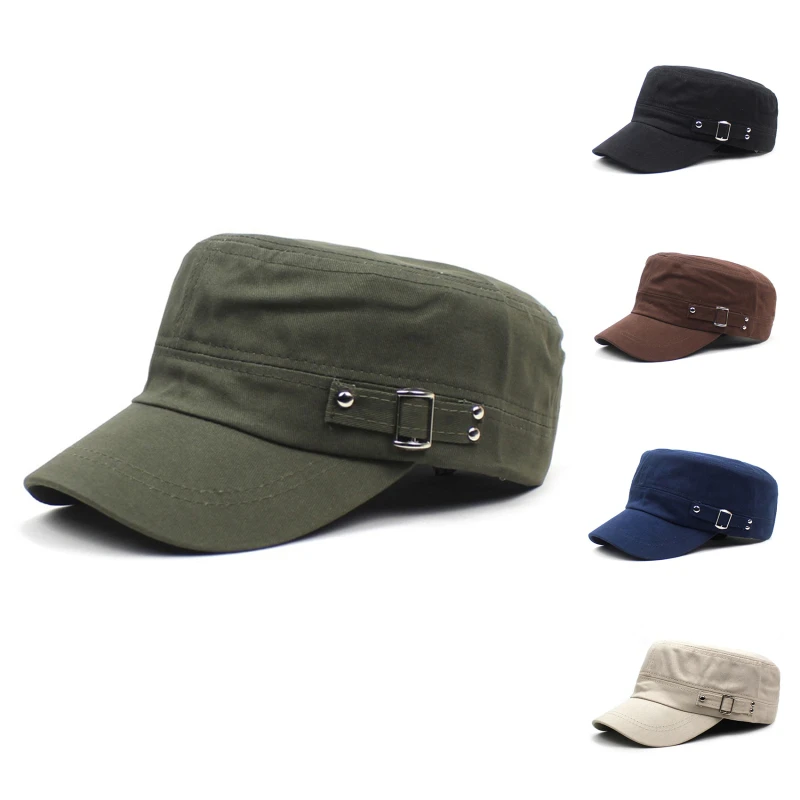 Military Style Army Cap Men Women Pure Color Washed Cotton Flat Top Cap Summer Autumn Adjustable Visor Hat