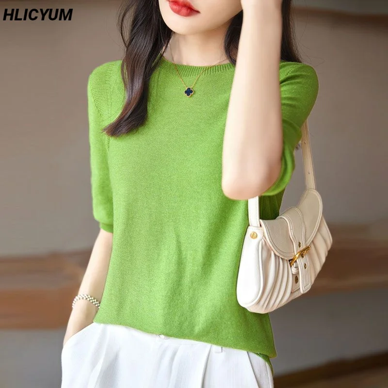 Women's T-shirts Spring/Summer New Wool Knit Short Sleeve Casual Solid Blouse Round Neck Tops Ladies Clothes Basic Loose Tees