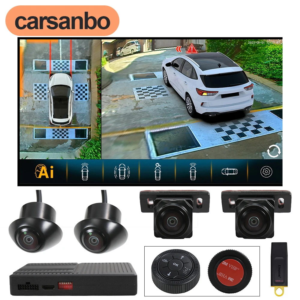 Carsanbo SUV 3D 360-Grad-Fahrzeugkamera Rundumansicht 1080P Rechts+Links+Vorne+Hinten Autokamerasystem mit KI-DVR-Funktion