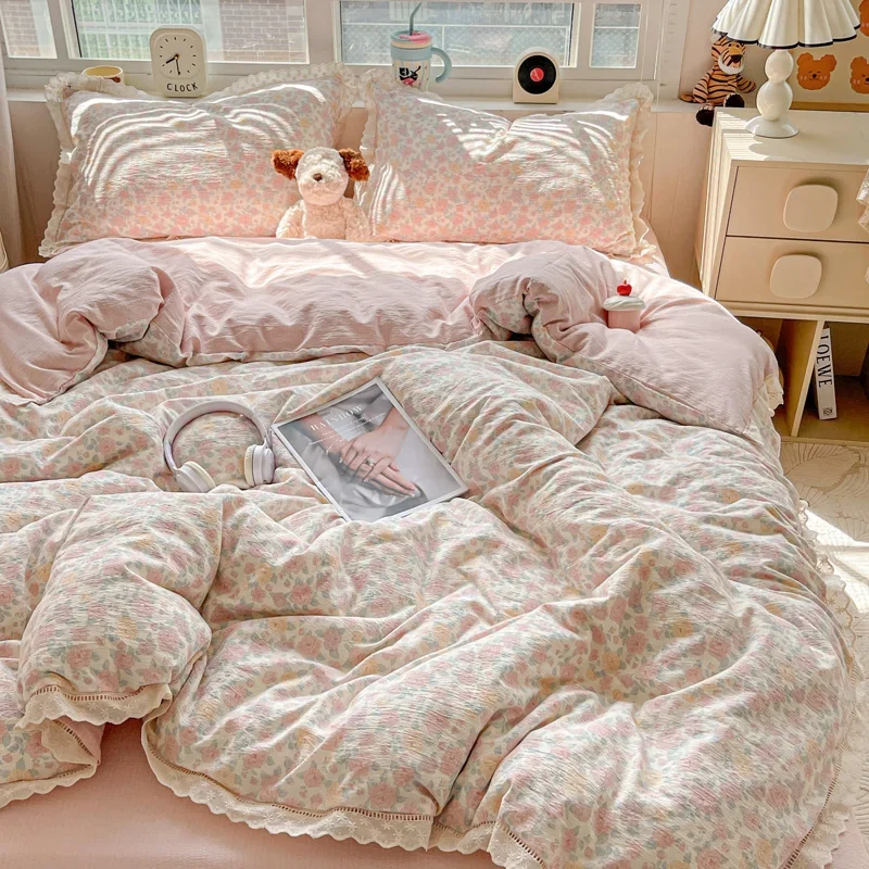 

New Soft Wrinkled Double-layer Bed Flat Sheet Twin Queen Size Duvet Set Pillowcase Bed Linens