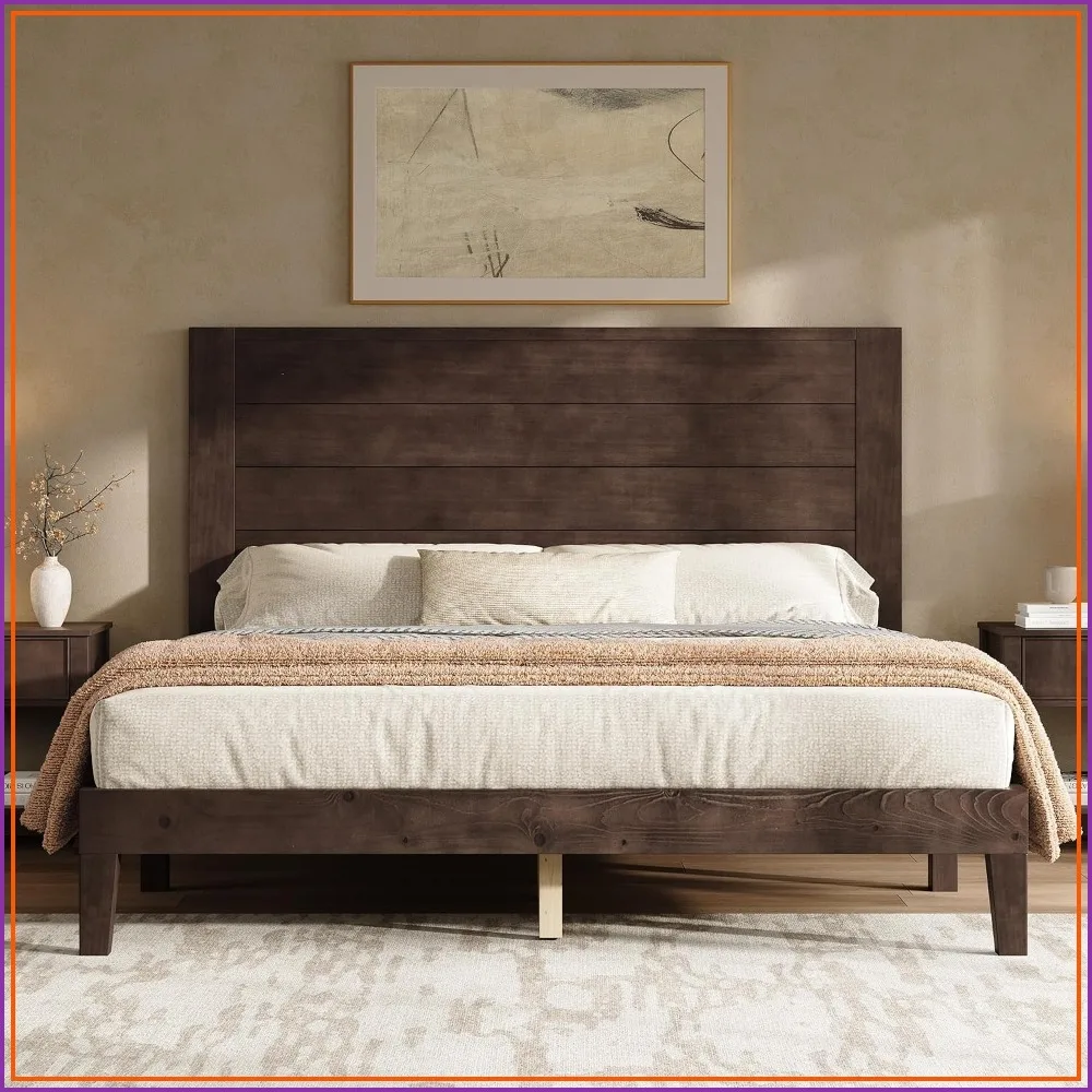 Queen Size Solid Wood Bed Frame with 48-Inch Headboard, Walnut Finish