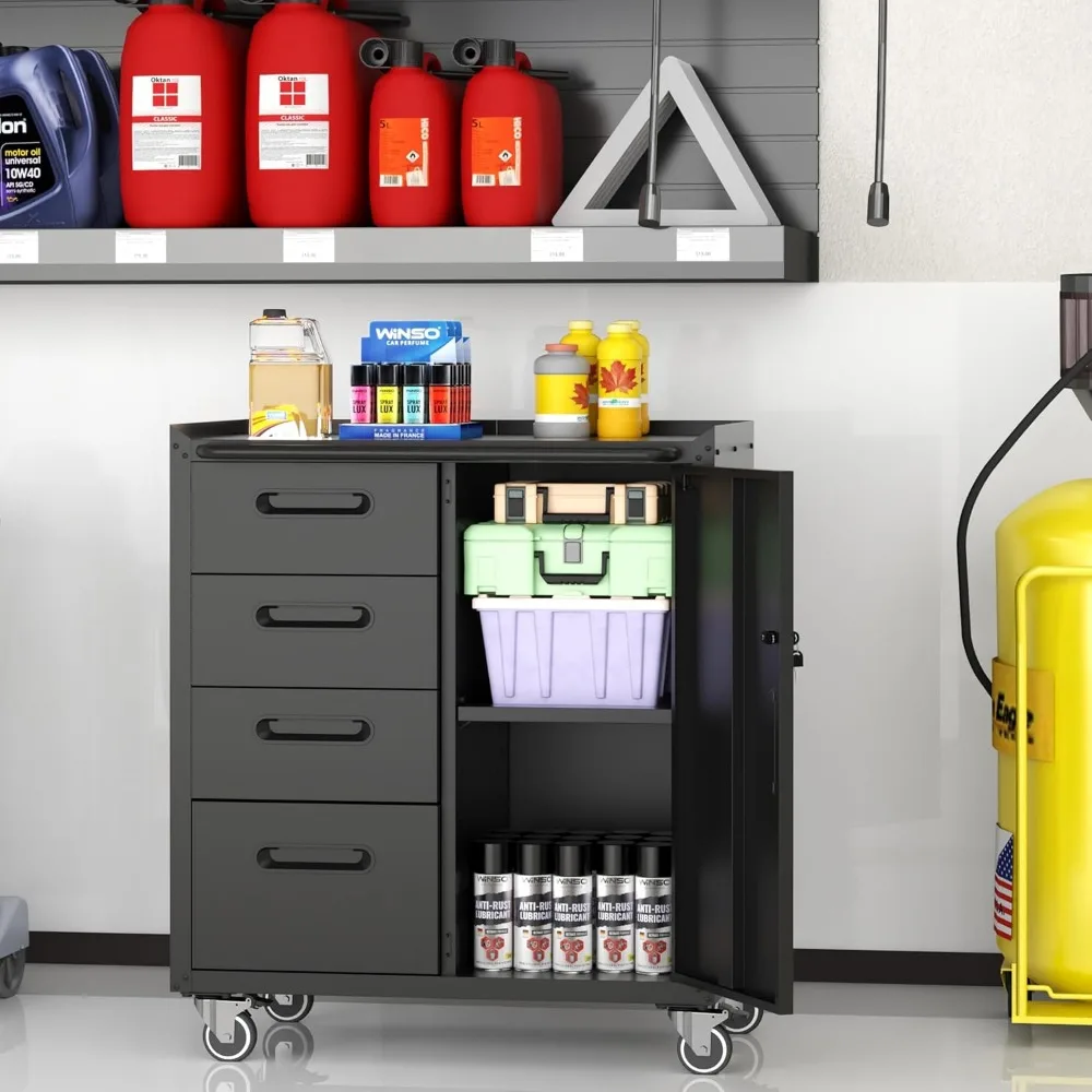 Armadietto portautensili portatile in metallo resistente con 4 cassetti e ampio spazio di archiviazione per garage