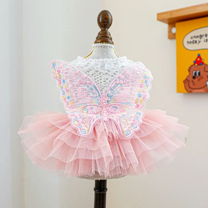 2024 Spring and Autumn Pet Clothing Princess Yarn Skirt Pink Heart Puffy Skirt with Wings