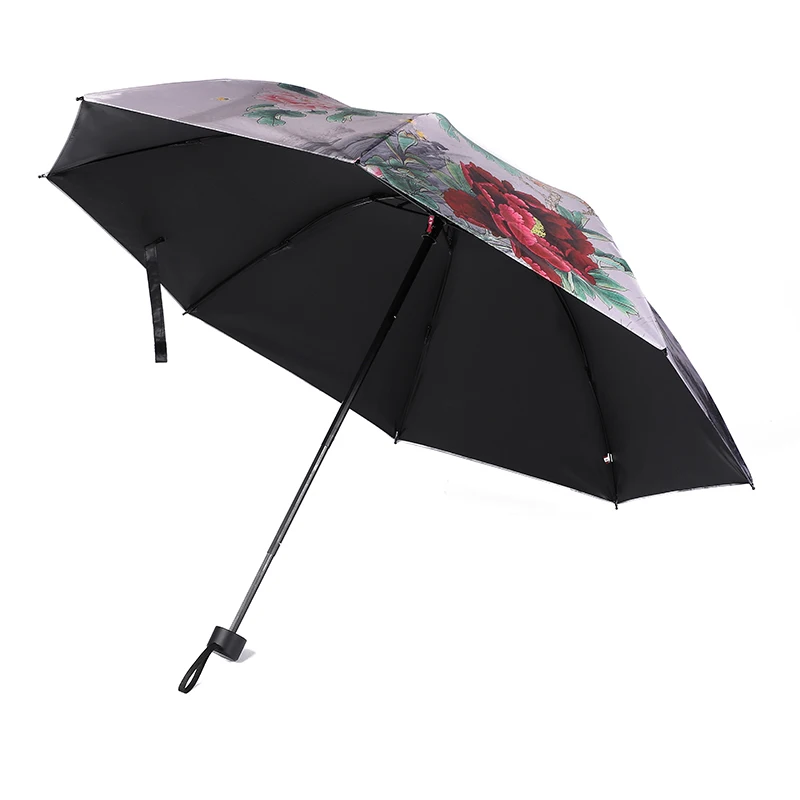 Red leaf Chinese Style Three Fold Manual Umbrella Peony  Pattern Umbrella，Face Black Glue Coated Sun Umbrella Parasol