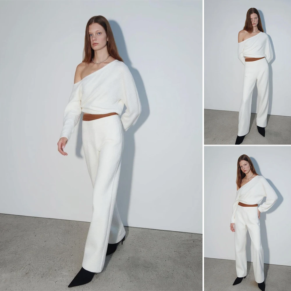 

Бутик осенних комплектов Mia Muse, женские простые однотонные укороченные футболки на одно плечо с длинными рукавами, брюки полной длины, повседневные комплекты