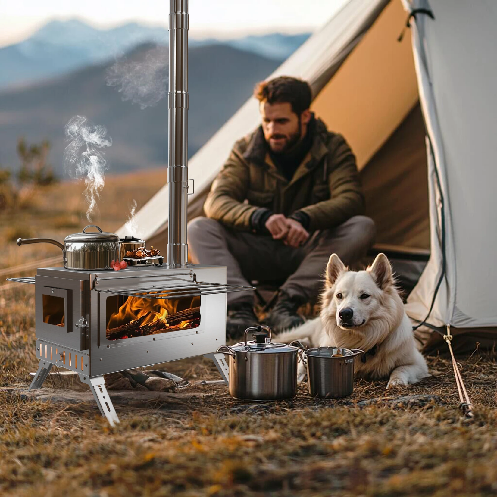 Portable Camping Tent Wood Stove for Outdoor Heating Stainless Steel Hot Tent Stove Burner Stove with 7 Chimney Pipes