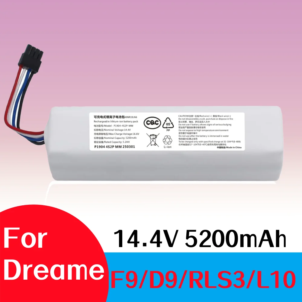 

14.4V 5200mAh Lithium Ion Replacement Battery for Dreame F9/D9/D9 Pro/D9 Max/L10 Pro Robot Vacuum Cleaner Accessories.