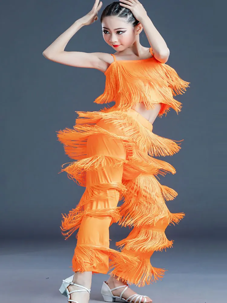 Practice Latin Costume for Girl Fringe Latin Dance Competition Clothes Girls National Standard Dance Orange Tassel Pants Suit