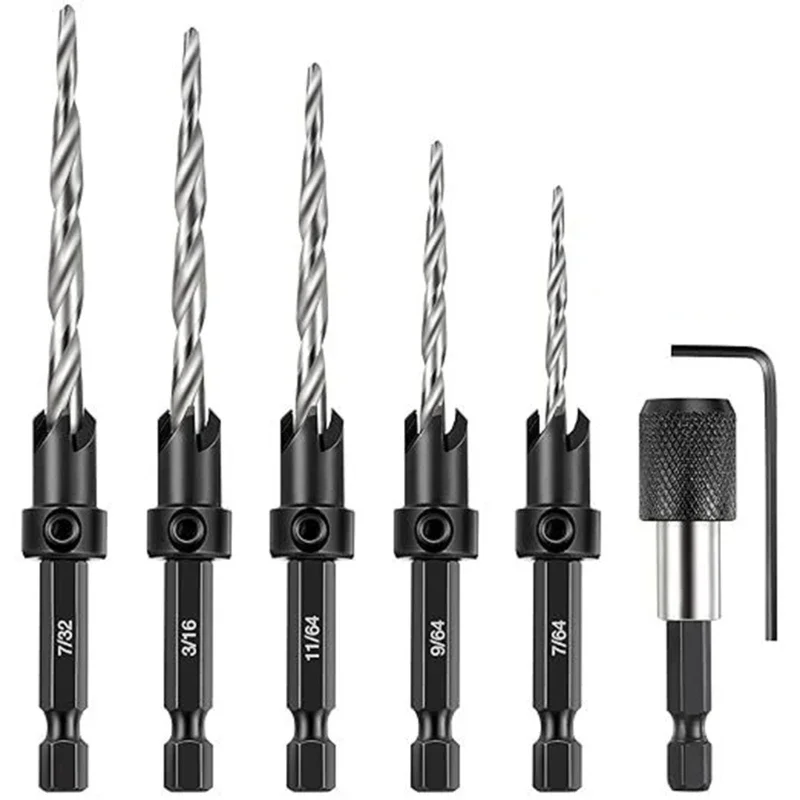 

Countersink Drill Bit Set #4,#6, #8, #10, #12 5Pieces 1/4" Shank Woodworking Screw Hole Set