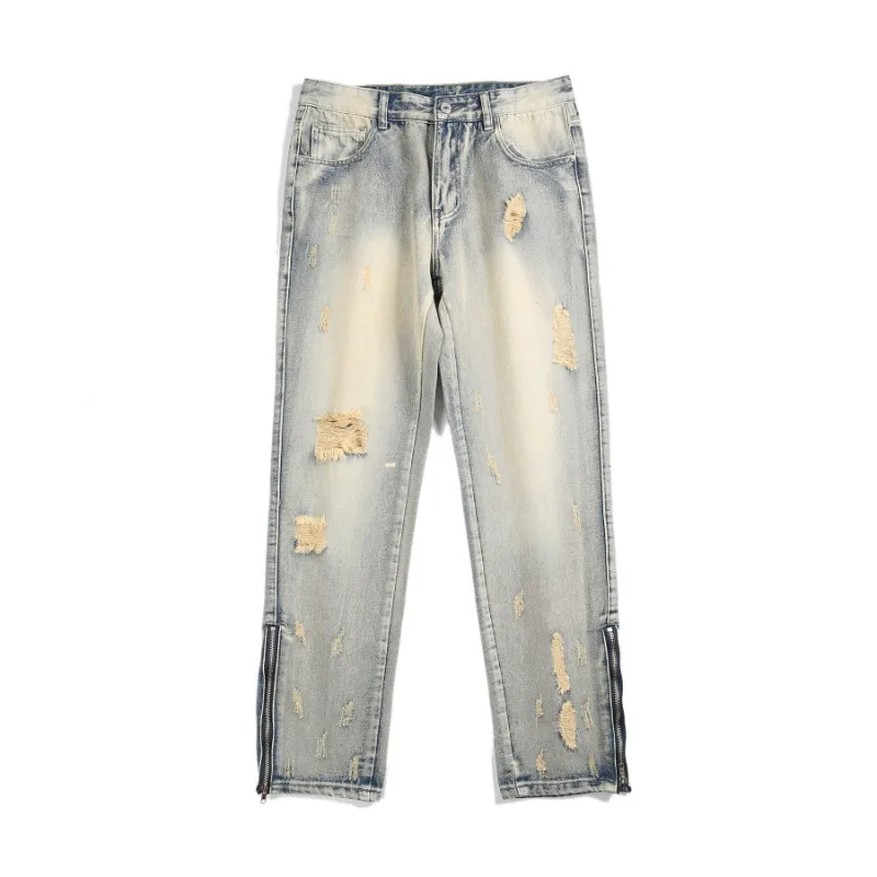 

New Men's High Street Ripped Jeans Retro Old Trend Small Straight Pants Zipper Casual Pants