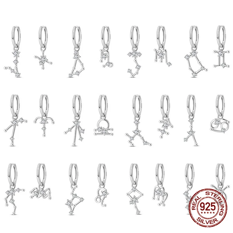 

Новинка 2025, оригинальные серьги из 100% стерлингового серебра 925 пробы, 12 знаков зодиака, серьги Овен-Стрелец, женские серьги с бантом и любовью, подарок на годовщину