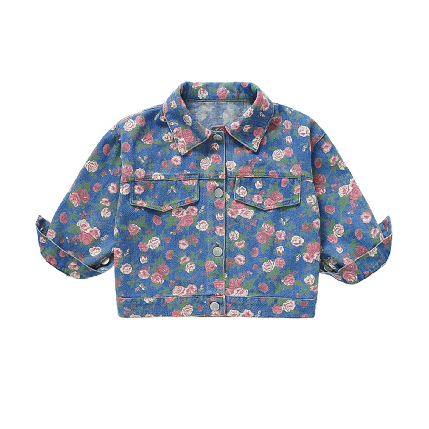ملابس خارجية للفتيات للربيع والخريف سترة من قماش الدنيم مطبوعة بالكامل على شكل زهرة النسخة الكورية سترة عصرية يومية كاجوال وأنيقة
