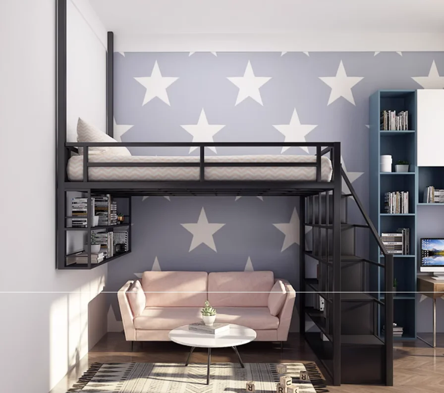 Elevated bed, upper bunk, lower table, bookshelf combination, loft, duplex two-story small apartment, energy-saving hanging bed