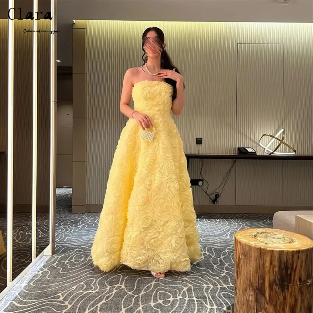 فساتين سهرة أنيقة بدون حمالات على شكل زهرة صفراء مخصصة من كلارا للنساء فستان حفلات أنيق فاخر للنساء
