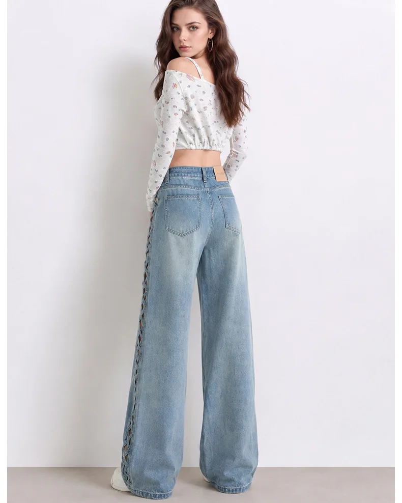 THRUM 2026 New Summer American Style Women High Waist Wide Leg Jeans Side Hollow Out Loose Straight Floor-Length Denim Long Pant
