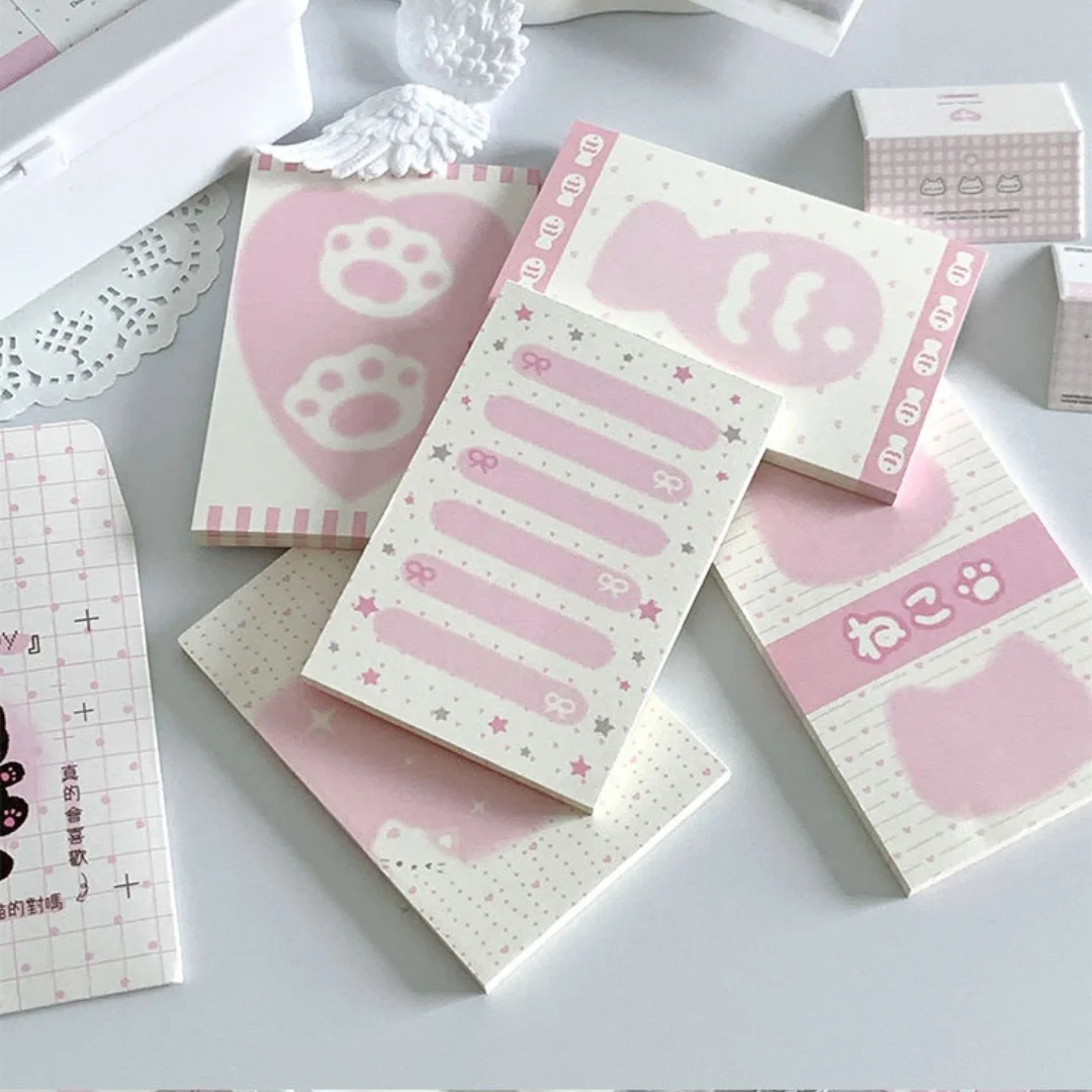 Kawaii Pink Cat Memo Pad 50 Sheets Cute Paw Print Sticky Notes A7 Size Notepad for Journaling Study Office School Stationery