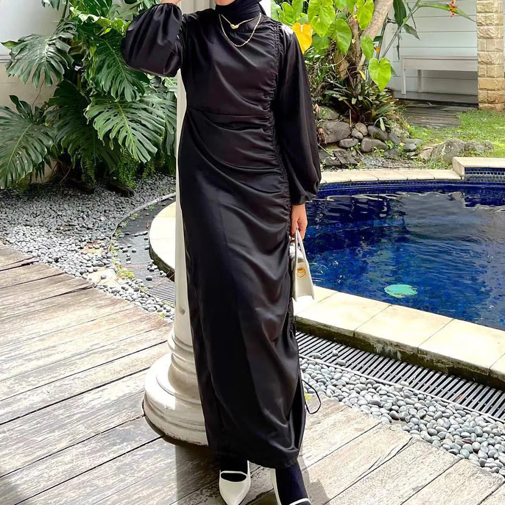 Eid Party Satin Modest Muslim Women Pleated Abaya Long Maxi Dress Turkey Arabic Kaftan Islamic Ramadan Dubai Saudi Femme Vestido