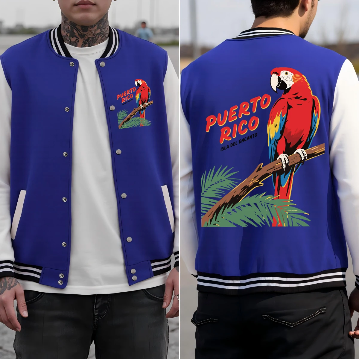

Puerto Rico Parrot Bird Print Baseball Uniform Men Loose Cotton Clothes Autumn Colorful Jacket American Hip Hop Sportswear