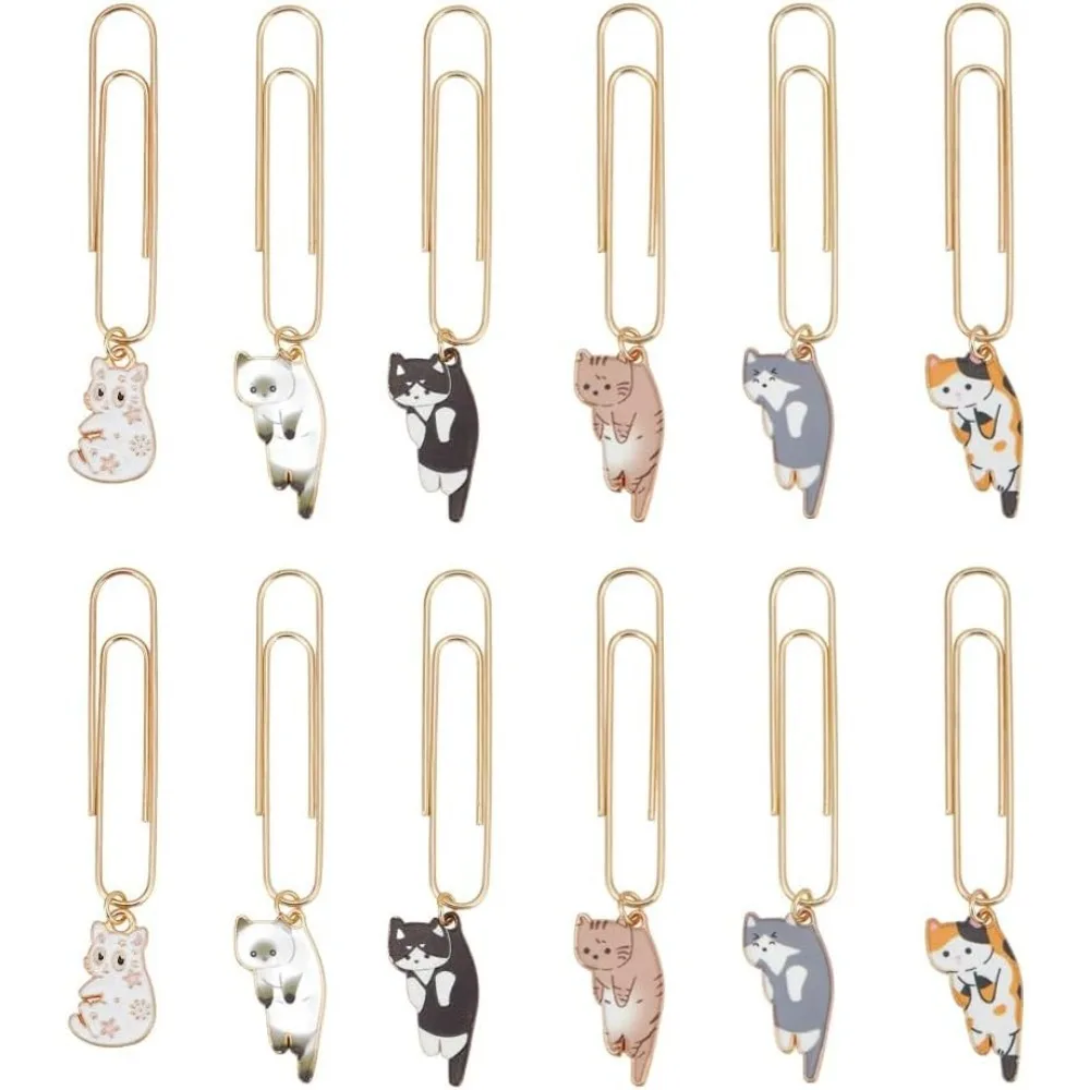 12Pcs Cat Paperclips 3 Inch Alloy Pendant Paper Clip with Cat Charms Metal Paper Clips for Paper Document Note Sorting