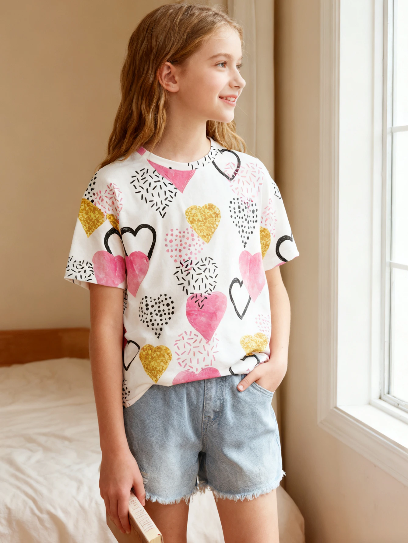 

2026 Girls Art Style Love Printed Short Sleeve T-Shirt