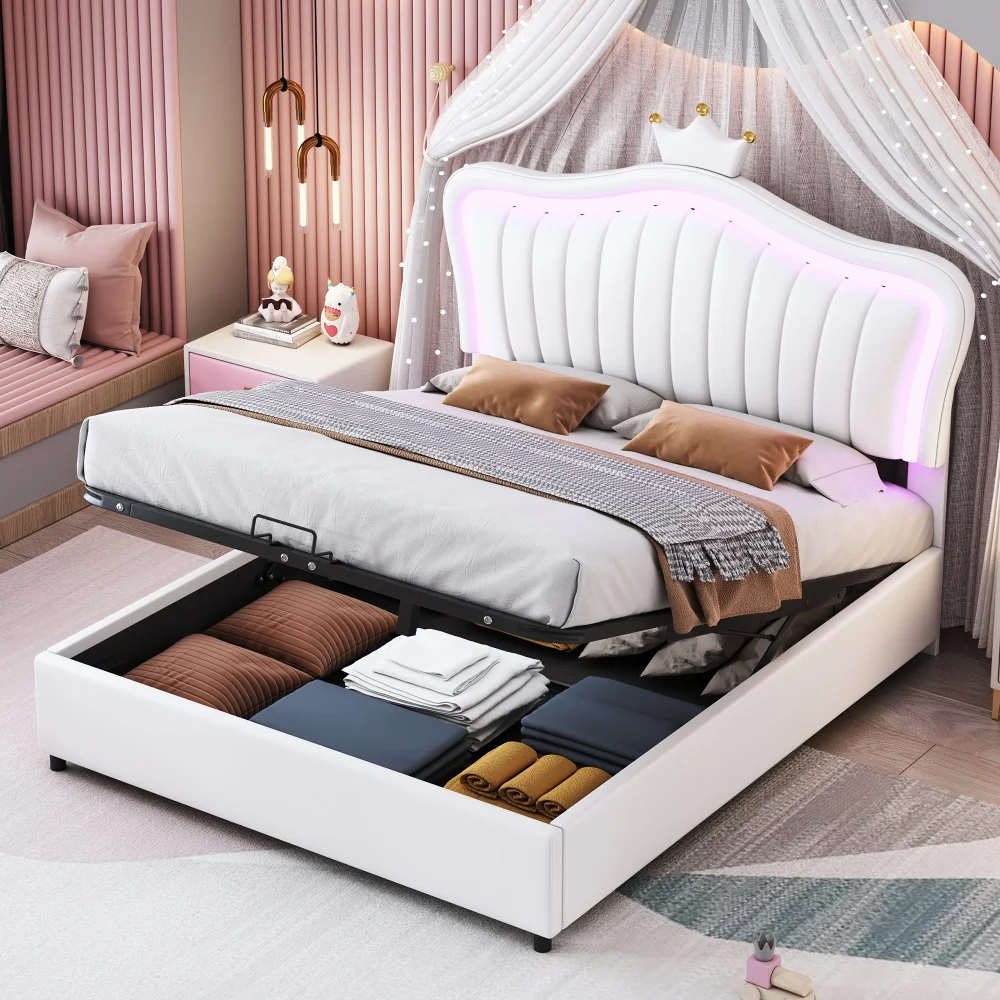 Children bed Padding bed 140x200 cm Hydraulic Storage bed White Crown girls bed PU leather