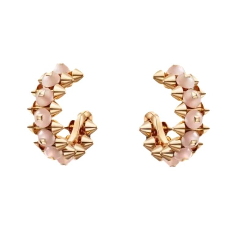 High Craft New 925 Sterling Silver Pink Chalcedony Bead Rivet Hoop Earrings 18K Gold Plated Fine Luxury Jewelry For Women Party