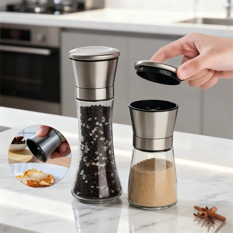 مطحنة الملح والفلفل، مطحنة من الفولاذ المقاوم للصدأ، زجاجة توابل زجاجية، زجاجة طحن يدوية، أداة مطبخ توابل قابلة للتعديل